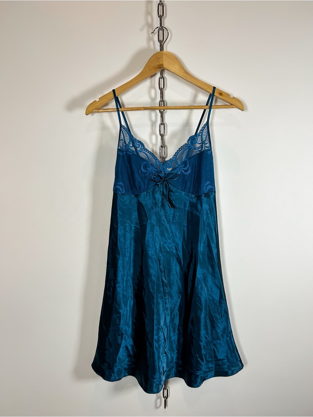 Y2K Teal Lace + Satin Babydoll Slip Dress w/ Cute Lil Bow